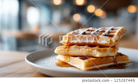 Waffles with powdered sugar and plenty of honey syrup | Glossy texture 125287449