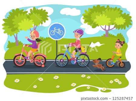 Little girl and boy ride bicycles. Bike path in city park. Happy cyclists in nature. Summer walk with dog. Kids on cycles. Childish tricycle. Bicyclists outdoor leisure. Vector concept 125287457