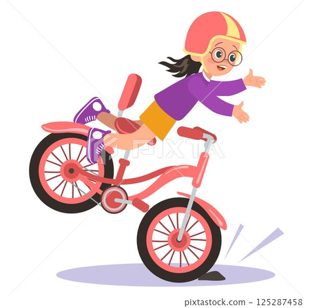 Little girl wearing helmet fell off her bike. Clumsy kid on bicycle. Accident with cyclist. Traumatic misfortune situation. Child falling from cycle. Young biker crash. Vector concept Little girl wearing helmet fell off her bike. Clumsy kid on bicycle. Accident with cyclist. Traumatic misfortune situation. Child falling from cycle. Young biker crash. Vector concept 125287458