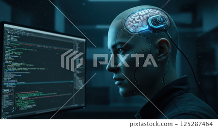 In a dimly lit futuristic laboratory, a person with a cybernetic enhancement displays a transparent skull revealing a digital brain interface. The individual focuses intently on a computer screen 125287464