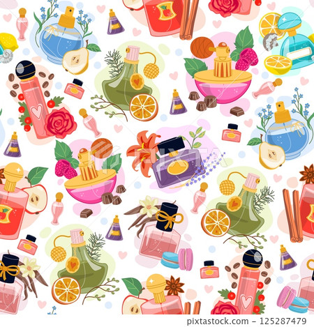 Perfume bubbles with floral and fruit fragrances seamless pattern. Flower perfumery smells. Toilet water vials. Repeated print. Cologne flacons. Aromatic cosmetic. Vector background Perfume bubbles with floral and fruit fragrances seamless pattern. Flower perfumery smells. Toilet water vials. Repeated print. Cologne flacons. Aromatic cosmetic. Vector background 125287479