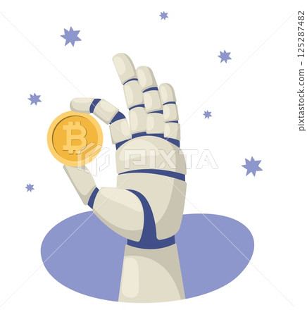 Robotic arm holds bitcoin. Cryptocurrency gold coin in fingers. Cybernetic hand. Artificial intelligence for investment. BTC exchange. Electronic technology. Crypto finance. Vector concept Robotic arm holds bitcoin. Cryptocurrency gold coin in fingers. Cybernetic hand. Artificial intelligence for investment. BTC exchange. Electronic technology. Crypto finance. Vector concept 125287482