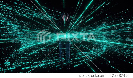A person stands in a three-dimensional virtual environment, interacting with streams of neon binary code that radiate outward in all directions. The background is dark, emphasizing the vivid green A person stands in a three-dimensional virtual environment, interacting with streams of neon binary code that radiate outward in all directions. The background is dark, emphasizing the vivid green 125287491
