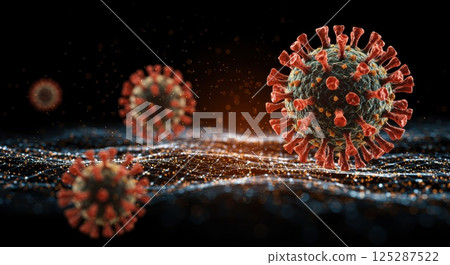 Detailed visual representation of coronavirus particles in a digital environment, showcasing their distinctive spike proteins and spherical shapes. The backdrop features a network of interconnected 125287522