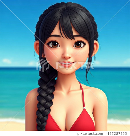 Young girl with long black hair in a red bikini at the beach 125287533