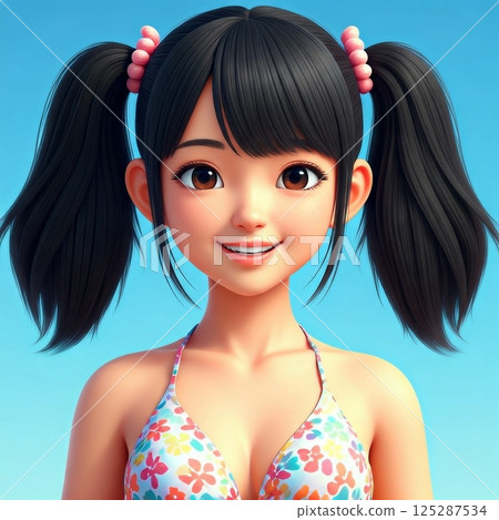 A young girl with black hair and twin tails wearing a colorful bikini 125287534