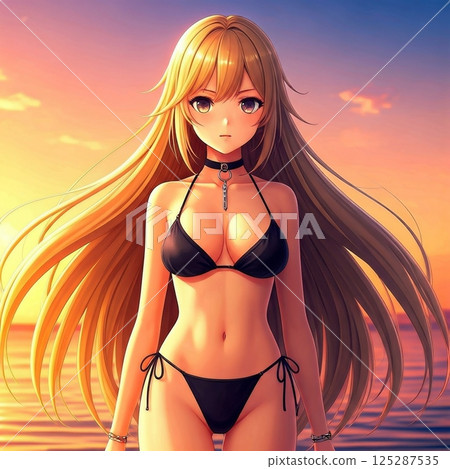 Young woman with long blonde hair wearing black bikini standing on the beach at sunset Young woman with long blonde hair wearing black bikini standing on the beach at sunset 125287535