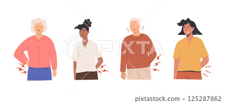 Diverse group of people experiencing back pain with pained expressions. Elderly man and woman, young and middle-aged woman suffering from discomfort and muscle strain. Flat Style Vector Illustration. 125287862