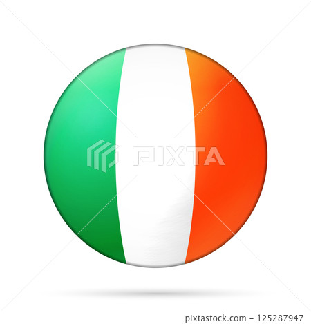 Glass light ball with flag of Ireland. Round sphere, template icon. Irish national symbol. Glossy realistic ball, 3D abstract vector illustration highlighted on a white background. Big bubble 125287947
