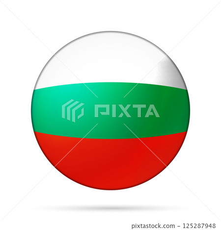 Glass light ball with flag of Bulgaria. Round sphere, template icon. Bulgarian national symbol. Glossy realistic ball, 3D abstract vector illustration highlighted on a white background. Big bubble 125287948