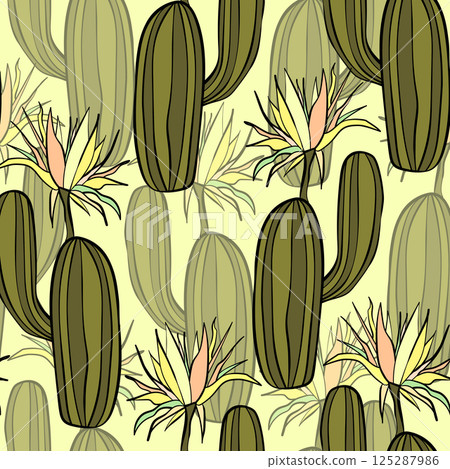 Seamless pattern with cacti, blooming succulent on color background. Vector hand drawn illustration for packaging, fabric, textile. Wild west cactus, western concept 125287986