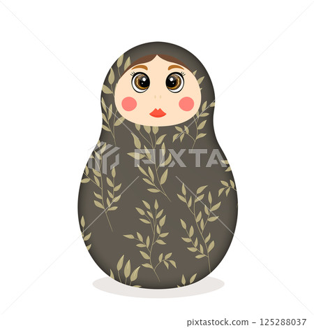 Russian Matryoshka. Traditional Russian folklore dolls with big eyes and lips. Babushka doll with hohloma, traditional painted floral pattern. Hand drawn vector illustration 125288037