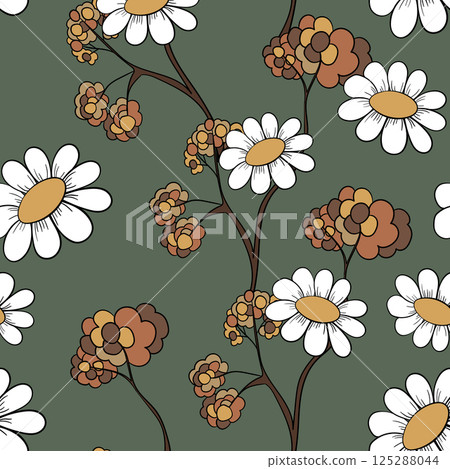 Seamless floral pattern based on traditional folk art ornaments. Colorful chamomile, daisy flowers on color background. Doodle style. Vector illustration. Simple minimalistic pattern Seamless floral pattern based on traditional folk art ornaments. Colorful chamomile, daisy flowers on color background. Doodle style. Vector illustration. Simple minimalistic pattern 125288044