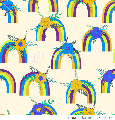 Trendy seamless pattern with colorful rainbow on color background. Design for invitation, poster, card, fabric, textile, fabric. Cute holiday illustration for baby. Scandinavian doodle style Trendy seamless pattern with colorful rainbow on color background. Design for invitation, poster, card, fabric, textile, fabric. Cute holiday illustration for baby. Scandinavian doodle style 125288058
