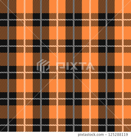 Black and orange Scotland textile seamless pattern. Fabric texture check tartan plaid. Abstract geometric background for cloth, fabric. Monochrome graphic repeating design.Modern squared ornament 125288119