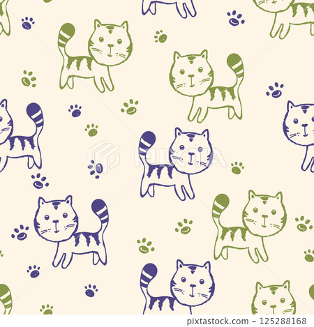 Seamless pattern with cute kitten print. Different scandy cats on color background. Scandinavian style illustration for kids. Vector illustration for fabric, textile, wallpaper, home clothing, pajama 125288168