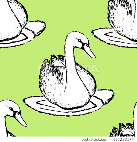 Seamless pattern with funny swan birds. Flat vector illustration with cartoon bird silhouette. Cute characters. Design for invitation, poster, card, textile, fabric 125288174