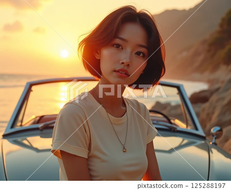 A woman drives to the beach and watches the sunset 125288197