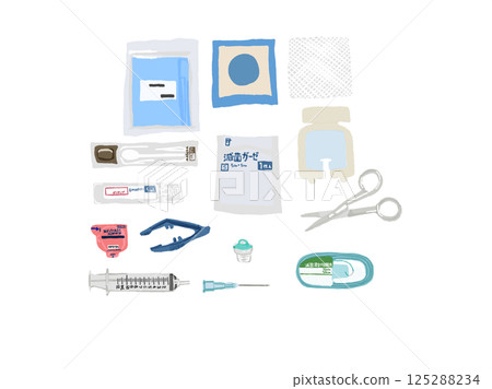 Illustration of medical treatment set equipment (gauze, syringe, tweezers, scissors, etc.) 125288234