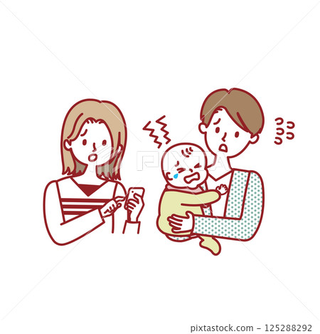 A crying baby and a mother searching on her smartphone 125288292