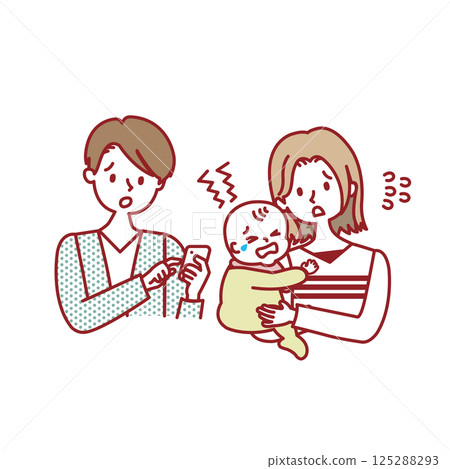 A baby who won't stop crying and a dad searching on his smartphone 125288293