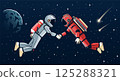 Two astronauts shaking hands in space, symbolizing unity and cooperation. Two astronauts shaking hands in space, symbolizing unity and cooperation. 125288321