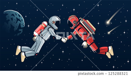 Two astronauts shaking hands in space, symbolizing unity and cooperation. Two astronauts shaking hands in space, symbolizing unity and cooperation. 125288321