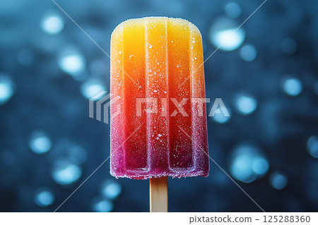 Popsicle with rainbow colors on a long stick on a summer background. Summer fun. Retro style. Popsicle with rainbow colors on a long stick on a summer background. Summer fun. Retro style. 125288360