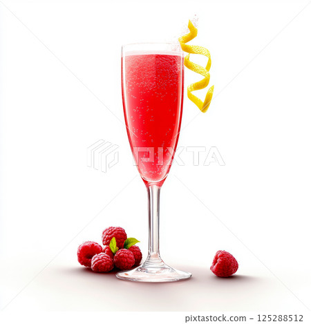 National Lemonade Day Raspberry champagne cocktail with lemon twist and fresh berries 125288512