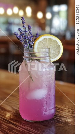 National Lemonade Day Refreshing lavender lemonade in mason jar with ice and lemon slice on wooden table National Lemonade Day Refreshing lavender lemonade in mason jar with ice and lemon slice on wooden table 125288545