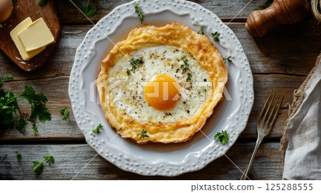 Georgia Independence Day Delicious sunny-side up egg with fresh herbs on rustic plate 125288555