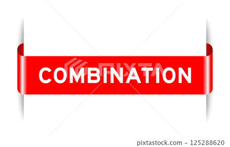 Red color inserted label banner with word combination on white background 125288620