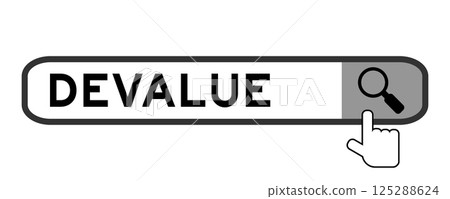 Search banner in word devalue with hand over magnifier icon on white background Search banner in word devalue with hand over magnifier icon on white background 125288624