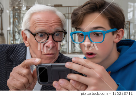 A teenager and his grandfather are looking at something on their smartphone, surprise on their faces 125288711