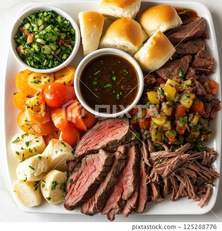 National Italian Beef Day Delicious beef platter with vegetables and dipping sauce on a white plate 125288776