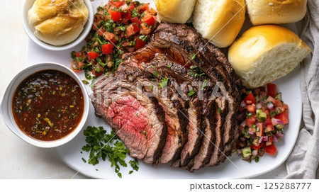National Italian Beef Day Sliced grilled flank steak with fresh salsa and bread rolls on a white platter 125288777