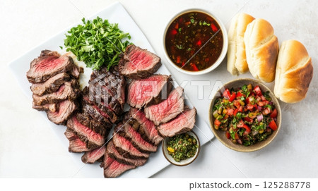 National Italian Beef Day Grilled beef slices with chimichurri, salsa, and bread rolls on a white plate 125288778