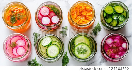 National Vinegar Month (May) Assorted colorful pickled vegetables in glass jars on white marble background 125288790