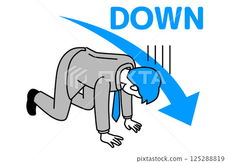 A man in a suit kneeling and feeling depressed with a descending arrow 125288819