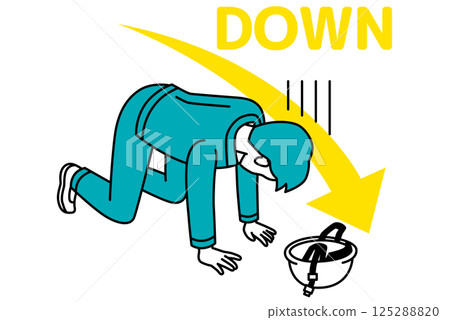 A descending arrow and a male worker who is depressed on his knees A descending arrow and a male worker who is depressed on his knees 125288820