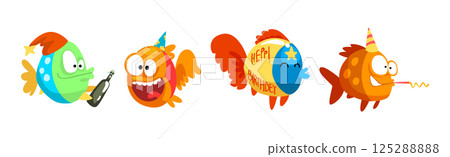 Funny Fish Character Floating with Champagne and Whistle Celebrating Holiday Vector Set Funny Fish Character Floating with Champagne and Whistle Celebrating Holiday Vector Set 125288888