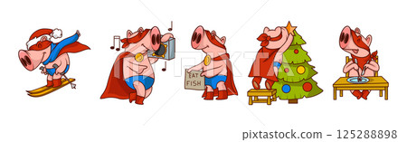 Funny Pink Pig Character in Red Cape Engaged in Different Activity Vector Set Funny Pink Pig Character in Red Cape Engaged in Different Activity Vector Set 125288898