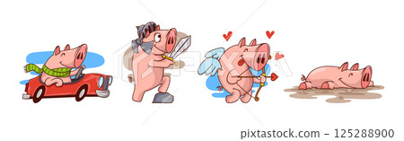 Funny Pink Pig Character Engaged in Different Activity Vector Set 125288900