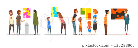 People at Art Gallery Look at Museum Exhibition Vector Set 125288903