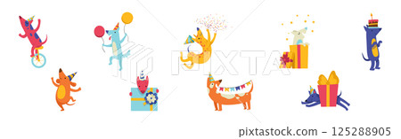 Dog Puppy at Birthday Party Celebrate Holiday Vector Set Dog Puppy at Birthday Party Celebrate Holiday Vector Set 125288905
