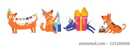 Dog Puppy at Birthday Party Celebrate Holiday Vector Set Dog Puppy at Birthday Party Celebrate Holiday Vector Set 125288906