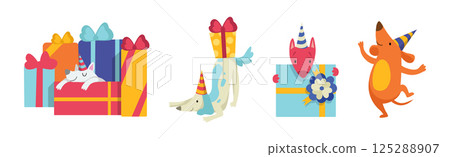 Dog Puppy at Birthday Party Celebrate Holiday Vector Set Dog Puppy at Birthday Party Celebrate Holiday Vector Set 125288907