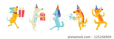 Dog Puppy at Birthday Party Celebrate Holiday Vector Set 125288908