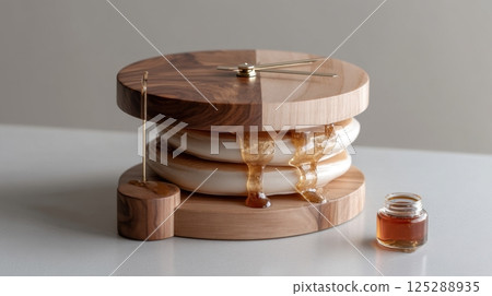 Unique wooden pancake-themed clock with flowing syrup design 125288935