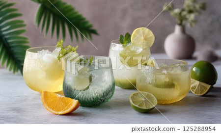 Refreshing citrus cocktails with lime and orange garnishes on marble table Refreshing citrus cocktails with lime and orange garnishes on marble table 125288954